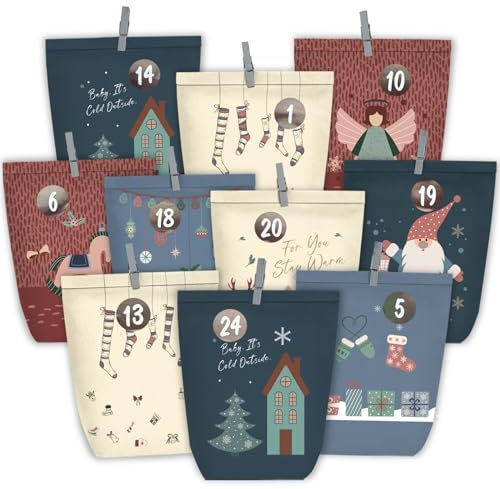 KOHMUI Adventskalender zum Befüllen, 24 Weihnachtskalender Papiertüten zum Selber Basteln, Geschenktüten zum selbst füllen, Advents Tüten Selbstbefüllen für Kinder & Erwachsene