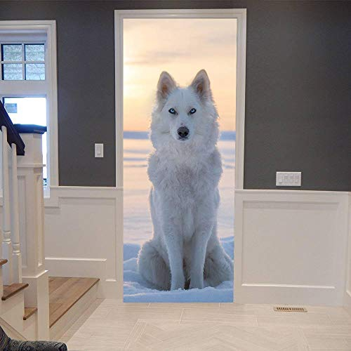 XKSJWY 3D Türaufkleber 90X200Cm Tier Weißer Wolf Türtapete Selbstklebend Türposter - Fototapete 3D Effekt Türfolie Poster Tapete Wandtattoo Diy Selbstklebende Wandbild Pvc Wasserdichte Tapete