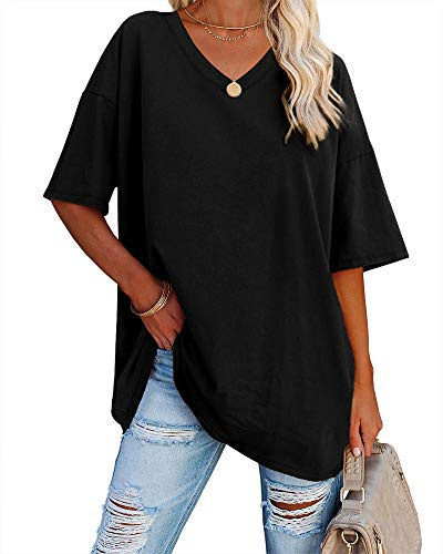 Ebifin T-shirt surdimensionné pour femme avec col en V, manches courtes, décontracté, basique, pour l'été