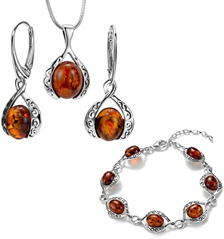Copal Juego De Joyas Para Mujer En Ámbar Y Plata De Ley Con Cadena Ajustable Práctico Colgante Y Pulsera