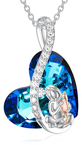 AOBOCO Collar con colgante de gatito en plata de ley 925 con cristal azul en forma de corazón Regalo de cumpleaños para amantes de los gatos