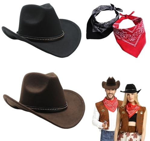 2PCS Cowboy Hats, Felt Western Hats, Cowgirl Hat, Black Brown Western Cowboy Hats Fancy Dress Cowgirl Hats with 2 Bandana Scarf for Women Men Halloween Cosplay Party