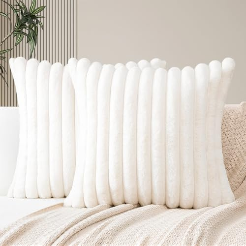 JOTOM Set of 2 Double-Sided Faux Fur Plush Cushion Covers 45x45 cm Soft Striped Decorative Throw Pillow Covers Square Cushion Case Home Decor Pillow Cases for Couch Sofa Bed 18x18 Inch (Cream White)