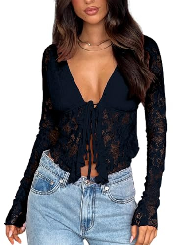AGECODE Women's Sexy Open Front Tie Long Sleeve Ruffle Trim Sheer Mesh Lace Crop Tops Blouses Black X-Large