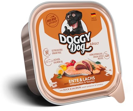 Doggy Dog Paté Paté & Salmón 10 x 150 g Comida húmeda para Perros sin Cereales con Aceite de salmón y mejillón de Labios Verdes, pienso Completo con Batata y Tomate, Fabricado en Alemania
