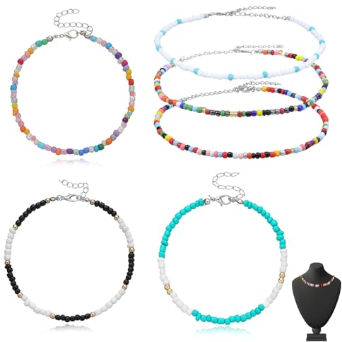 Cozevdnt Boho Bunte Perlen Ketten, 6 Stück Verstellbare Strand Halskette, Anhänger Choker mit Farbigen Perlen Halskette Kette, Verstellbares Glas Im Boho-Stil Kleine Perlenkette für Sommerstrand