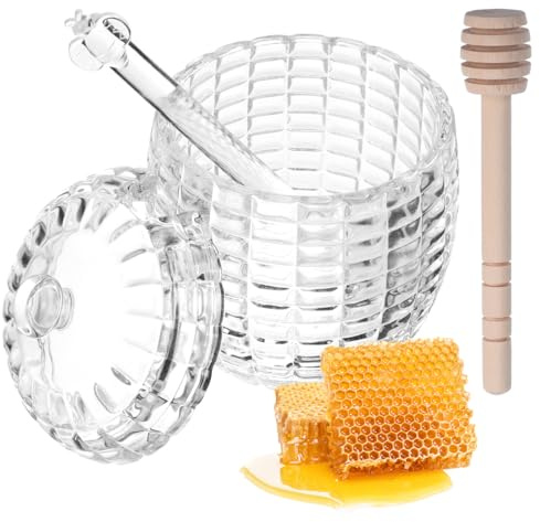 ULTECHNOVO Honey Jar with Lid and Wooden Dipper - 3.15 Inch Glass Honey Pot for Kitchen Storage and Serving with Elegant Pattern Design