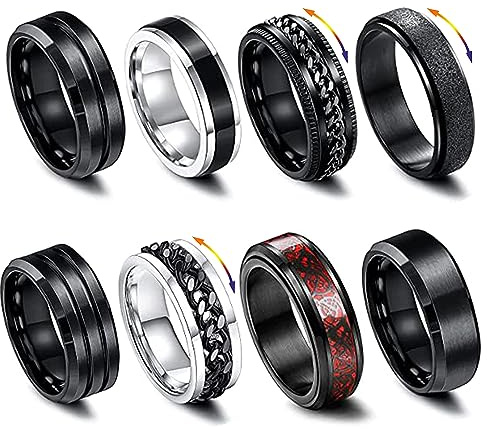 LOCCY 8 pcs Men Stainless Steel Spinner Rings, Black Spinner Rings for Men Women, Cool Chain Anxiety Ring Men Ring Set, 8mm Wide - Gift for Father's Day (6)