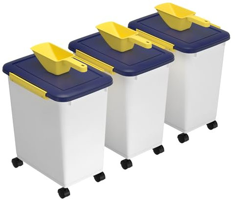 Cetomo 32L*3 Dog Food Storage Container, Airtight Food Containers with Wheels, Silicone Seal, Snap Locks, Plastic Pet Food Bin with Lid for Dogs, Pets, White & Blue & Yellow, 32L/12kg-3 Pack(3 Scoops)