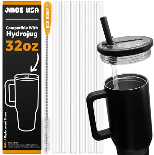 Jmoe USA 32oz Straws For Hydrojug Traveler Tumbler | Replacement Plastic Straws for Hydro Jug 32 oz | 6-Pack Includes Cleaning Brush | Food Grade & BPA Free | Clear (32oz)