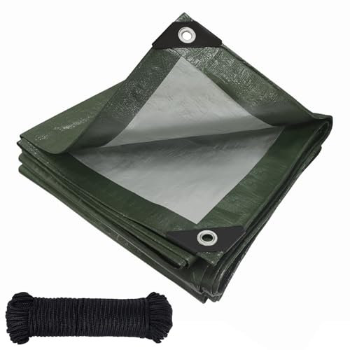 Tarpaulin waterproof heavy duty 120 g/m²,Reinforced Eyelets,Weatherproof Snow Dust UV,for Groundsheet Camping Garden Furniture Pool Building Site Caravan Boat Tarp Cover (Green-silver, 3m x 4m)