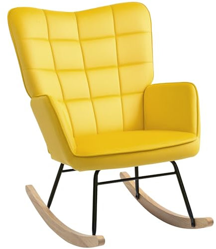 HOMCOM Sillón balancín, tapizado de terciopelo, sillón de lactancia, estructura de acero, patas de madera maciza, amarillo