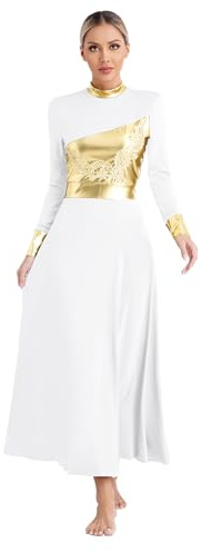 Loodgao Robe De Danse Liturgique Lyrique pour Femme À Manches Longues Robe De Louange Métallique Ballet Gymnastique Vêtements Danse Blanc XL