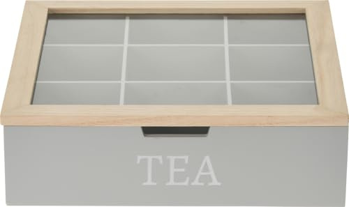 Wooden Tea Box with Glass Lid – 9 Compartment Tea Bag Storage Organiser – Rustic Wooden Display Box for Tea, Spices, or Trinkets (Grey)