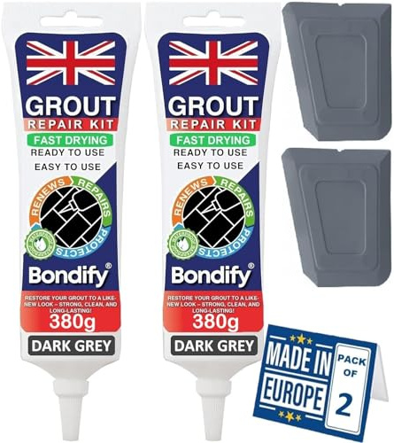 BONDIFY Kit Riparazione Fughe Piastrelle Grigio Scuro, Asciugatura Rapida 380g x 2 ANTI-MUFFA Tubetto Stucco per Piastrelle Bagno, Doccia, Grout Repair Stucco per Fughe Pavimento, Sigillante per Malta