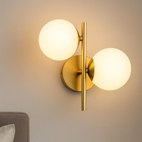 Applique da Parete Design Moderno a Doppia Sfera in Metallo Color Ottone con Paralumi in PE Doppio Attacco G9 Lampada Elegante per Soggiorno Camera da Letto e Corridoio IP20