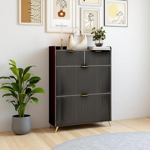 KRYZOR Schuhschrank mit 2 Klappen und 2 Schubladen, Schuhkipper Schmal mit Ablageflächen Verstellbar, Schuhkommode, für 10-20 Paar Schuhe, Schuhregal für Eingang, Flur, Wohn (Schwarz, 80x24x110cm)