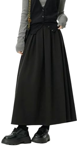 Gyios Gonna Lunga Gonne Lunghe A Pieghe Donna Autunno Inverno Coreano Vita Alta Trapezio Elegante Midi retrò-Nero-XL