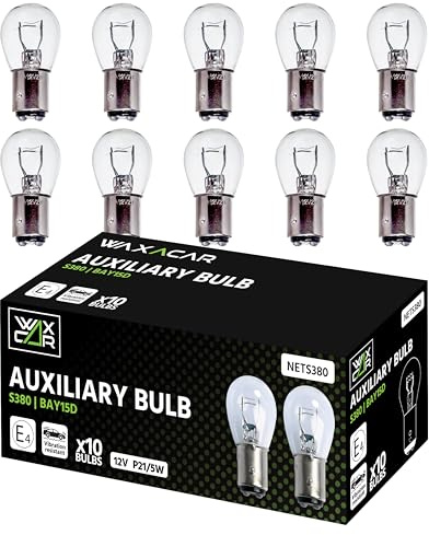 WAXACAR Vehicle Light Bulbs, Multi-Purpose for Tail, Brake, Fog, Indicator, Reverse Lights, 10 Pack, Universal Fit, Halogen, 21W, Compatible with Car, Van, Trailer, Truck, Bike (380 (10 Pack))