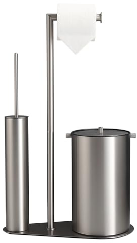DAZI Portarrollos Papel higiénico con escobilla WC y Papelera, Set 3-en-1 de Acero Inoxidable con 2 Cepillo PP, Portarrollos para baño Ideal para Hogar, Apartamento y Aseo (Nickel Cepillado)