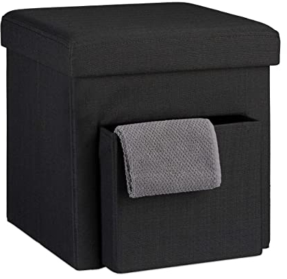 Relaxdays Faltbarer Sitzhocker, Leinen, Aufbewahrungs-Fach, abnehmbarer Deckel, Sitzwürfel, stabil, bis 300 kg, HxBxT 38 x 38 x 38 cm, schwarz