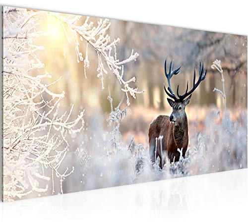 Runa Art Wandbild Winter Hirsch 1 Teilig 100 x 40 cm Modern Bild auf Vlies Leinwand Wald Natur Wohnzimmer Schlafzimmer Beige 004112a