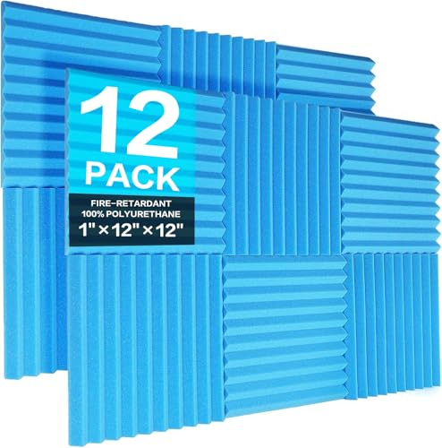 JBER 12 Pack Acoustic Foam Panels, 1 X 12 X 12 / 2.5 X 30 X 30cm Studio Soundproof Wedge-Shaped Fireproof Soundproof Liner Acoustic Treatment Foam (Blue)