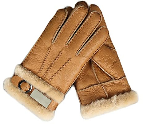 OPYTR Winter Gloves for Men - Warm Thermal Wool Fleece Snow Mittens, Outdoor Five Finger Wrist Leather Fur Sheepskin Gloves, Windproof Lined Thick