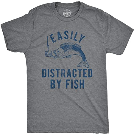 Funny Fishing Shirts for Men – Easily Distracted by Fish Graphic – Soft Cotton Blend Tee – Bass Fisherman Gift Shirt for Lake Days or Outdoor Guys Grey XL
