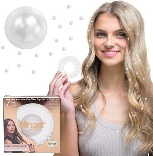 blinger® Shimmer Crystal Refill Pack – as seen on Shark Tank | 5 Discs – 75 Precision-Cut Glass Crystals | Hair-Safe Accessories | Styling Tool not Included | Pure White Pearls 5 mm