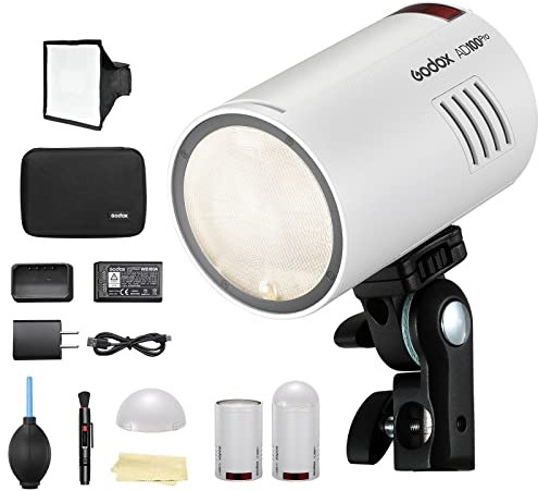 GODOX AD100Pro Pocket Studio Flash Head Kit de luz estroboscópica Fotografía 100W Cabeza Redonda TTL HSS Ligero Portátil Compacto Fuera de la Cámara Flash Modelado Luz + Difusor Domo(Blanco)