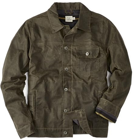 Huckberry Flint and Tinder Men's Flannel-Lined Waxed Trucker Jacket, Water & Weather Resistant, Forest, 4XL