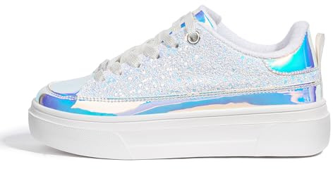 LUCKY STEP Women Platform Glitter Fashion Bling Sneakers,White Glitter,11