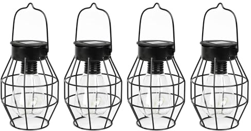 Gardenwize - Timeless Solar-Powered Caged Mini Lanterns – Pack of 4, Vintage Wire Hanging LED Lights for Garden, Patio, Balcony, Outdoor Decoration