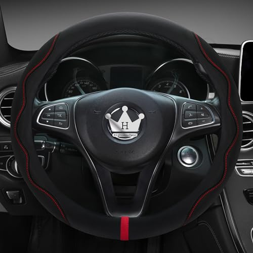 HighnessHwoo Luxury Suede Steering Wheel Cover for Cars, Soft Leather Padded Wheels Cover for Sedan, SUV, Thin Car Handle Cover, Universal Fit, Anti Slip, 14.75-15.15in, Black