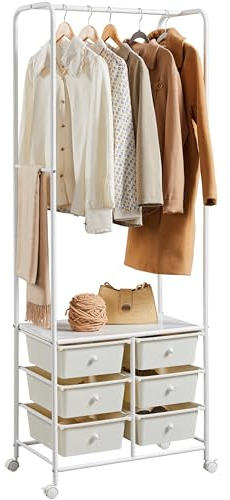Yaheetech Kleiderständer auf Rollen Kleiderstange mit 6 Schubladen und 1 Ablage Freistehender Garderobenständer aus Metall Garderobe für Schlafzimmer/Flur/Eingang, 63,5 × 37 × 174 cm