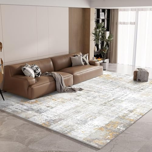 Vamcheer Tappeto Salotto Moderno Astratto, 160×230 cm Tappeto a Pelo Corto Super Morbido, Spugna Addensata, Antiscivolo, Ideale per Soggiorno e Camera da Letto, Giallo Grigio chiaro