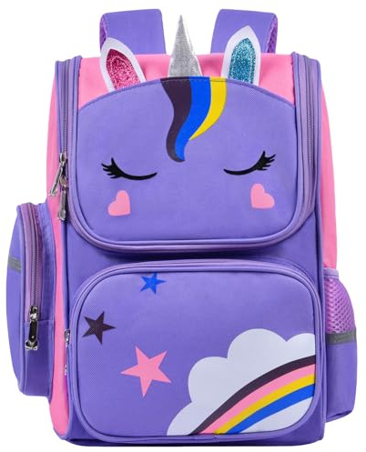 Aucuu Girls' Backpack, Cute Unicorn School Bags, Kawaii Backpack, Waterproof School Bags for Girls, Large Capacity Children's Backpack, for Elementary, Kindergarten - Purple
