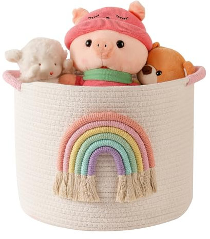 INough Toy Storage Baskets Woven Cotton Rope Storage Basket with Rainbow Decor for Kids, Blanket Baskets for Living Room Toys Organizer Rainbow Baby Gifts Basket with Handle for Girls Nursery Playroom