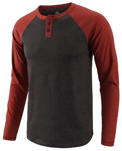 AIRDYNAM Henley Shirts T-shirt de baseball à manches longues raglan coupe ajustée en coton décontracté pour homme, Gris foncé/rouge rouille, Taille L