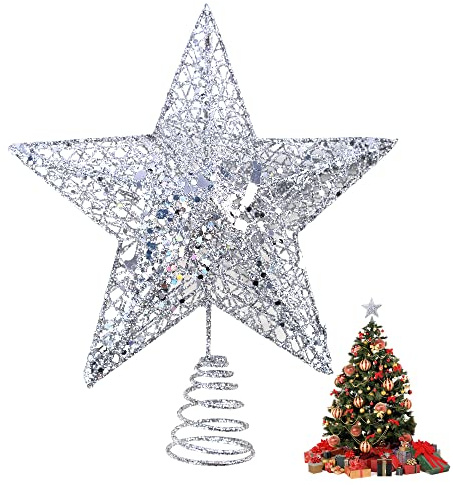 KEYIDO Petite étoile de sapin de Noël argentée pour cime de sapin de Noël - Métal pailleté - 15 x 12 cm