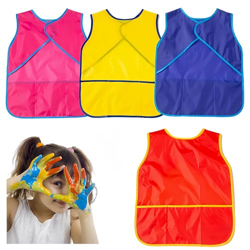 Granmagazz 4 Pezzi Grembiule Arte per Bambini, Impermeabile, Senza Maniche, 4 Colori, Bambini Unisex