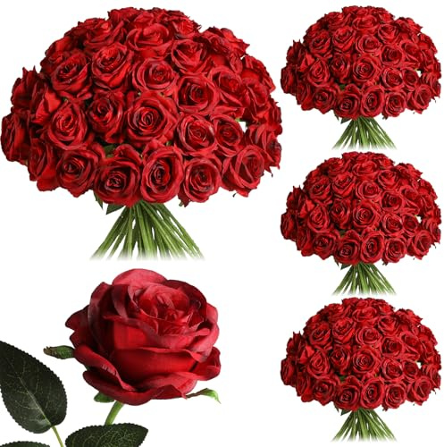 Nubry 50pcs Artificial Burgundy Roses Bulk, Fake Red Roses Flower with Stems Realistic Flowers for Wedding Centerpiece Home Party Decor(Burgundy)