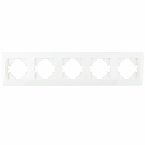 Empotramiento blanco, marco 5 elementos, diseño horizontal, ideal para instalaciones eléctricas decorativas y funcionales.