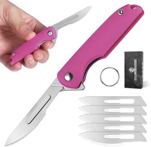 DRACHENADER Liten fickkniv skalpell, fällkniv kvinnor med 5 utbytbara blad figur 24, säkert foderlås, enhandskniv, liten nyckelkniv, magenta