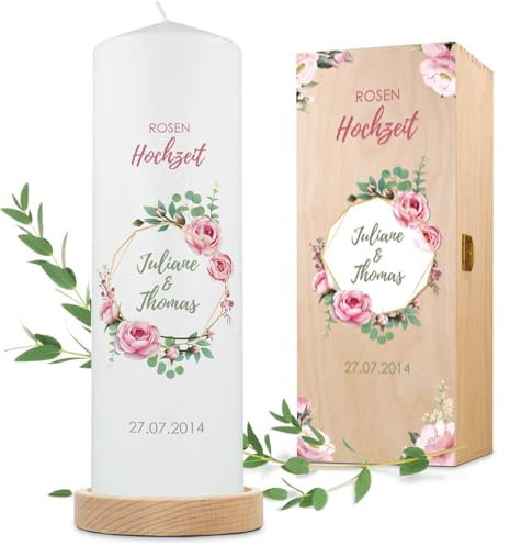 GRAVURZEILE Bedruckte Kerze - Rosenhochzeit Design - Personalisiert mit Namen, Datum & Wunschtext - Geschenk für Paare zu 10 Jahre Rosen Hochzeit - Hochzeitskerze Stumpenkerze 250/80 mm - Weiß