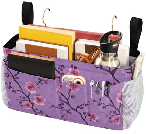FRODOTGV Bedside Caddy Vintage Cherry Blossom Purple Hanging Organizer with Pockets for College Dorm Rooms Bed, Hospital Bed, Baby Bed Rails