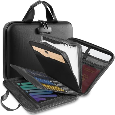 Teodute Hard-Shell Document Box with Lock, Fireproof Document Organiser with 13 Pockets Expanding File Folder and Handles, Portable Home Office Accordion Folder with Zipper and Labels for A4, Black