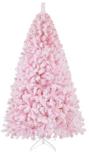 Yaheetech 6ft Snow Flocked Christmas Tree with Stand, Soft Branches, Pink | Christmas Tree with Pink Branches | 820 PVC Tips, Hinged & Sectional Setup, Pvc Tips & Metal Base | For Holiday Decorative