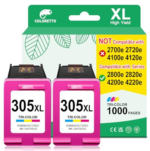 COLORETTO Cartouche pour HP 305 pour HP DeskJet 2820e 2800e 2821e 2823e 4230e 4220e 2810e 4222e 2822e 4200e 4210e Envy 6032e 6432e 6000 6400 6022e Cartouche Encre pour HP 305 XL HP305 Couleur 305XL